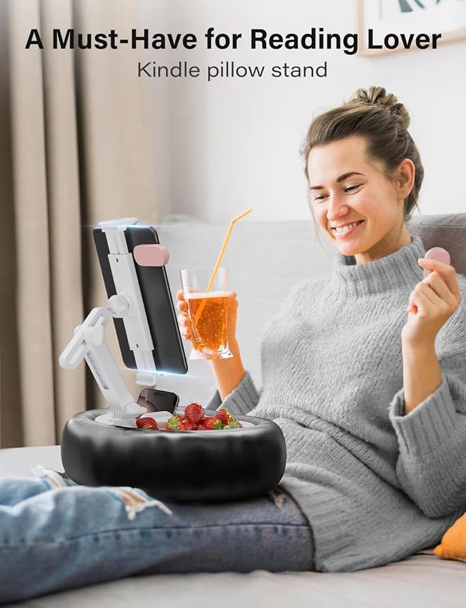 Tablet Kindle Pillow Stand Holder with 2 Trays Fit 4''-13'' Phone/Tablet/Kindle iPad Holder Stand for Bed with Soft PU Leather Reading Accessories Gift for Reading, Black