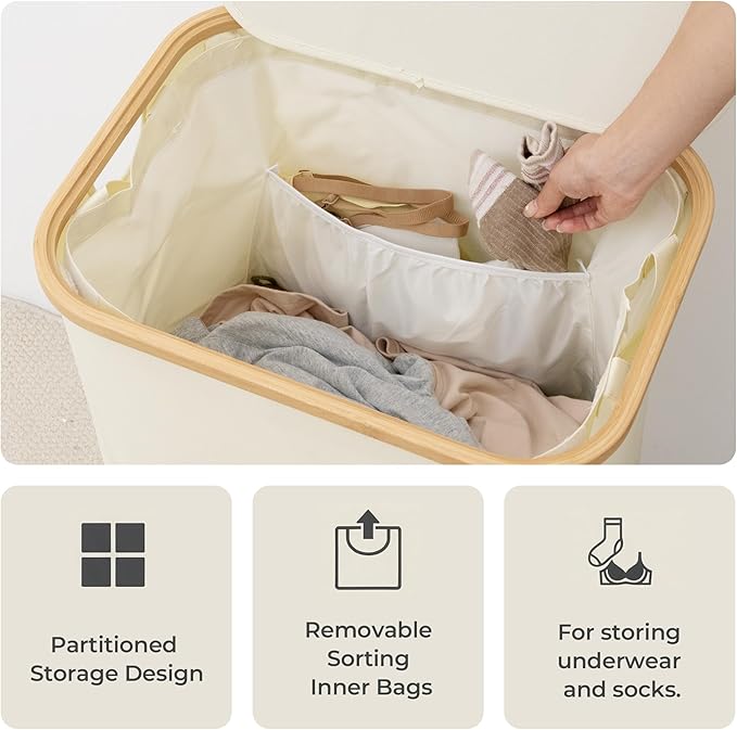 StorageWorks 100L Large Laundry Hamper with Lid, Tall Laundry Basket with Bamboo Handles and 1 Removable Inner Bag, Collapsible Laundry Hamper for Clothing, Towels, Beige, 1-Pack