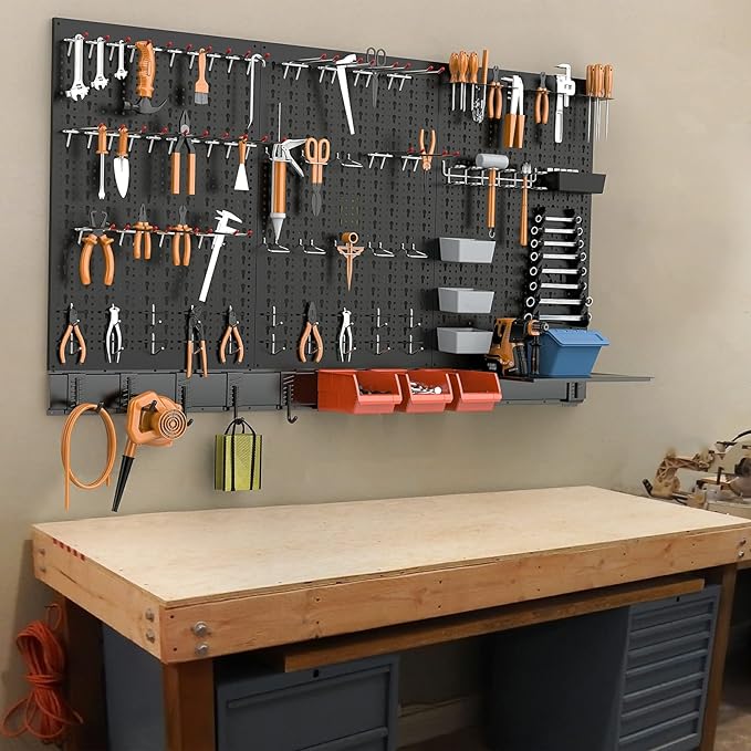 TORACK Metal Pegboard Wall Organizer System for Garage, 109 PCS Pegboard Accessories Tool Organizer Kit with Pegboard Bins, Hooks, Pegboard Tool Storage System for Workbench(Black)