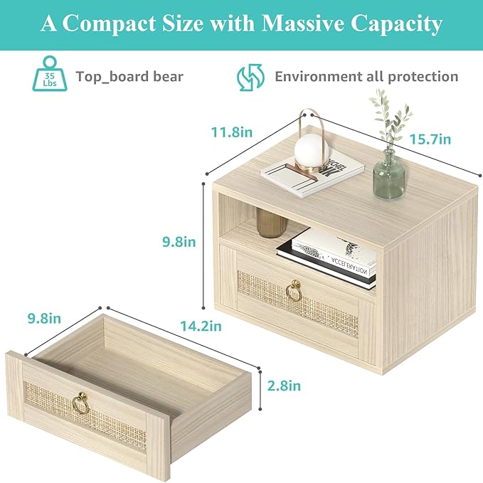 Floating Nightstand with Drawer for Wall Mounted Hanging Rattan Night Stand Bed Side Tables Wooden End Table Small Boho Dressers Farmhouse Shelves for Bedroom