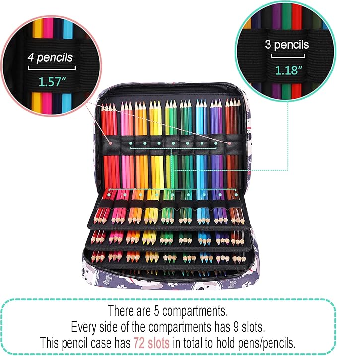 JAKAGO 220 Slots Colored Pencil Case Large Capacity Pen Holder for Artist Painter Zipper Organizer Bag for Marker Highlighter Storage Case for Office Sketch Travel Supplies (Dog)