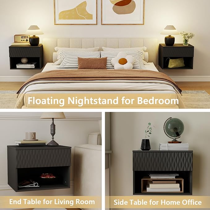 Floating Nightstand Set of 2,Modern Bedside Tables for Bedroom,Small Night Stands with Drawer and Open Shelf, Wall Mounted End SideTables Set for Living Room