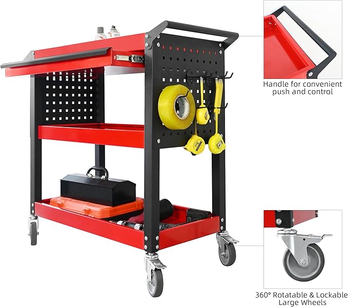 3 Tier Tool Cart on Wheels, Heavy Duty Metal Rolling with Drawers and Pegboards, 660 LBS Load Capacity Tool Storage Cart, Industrial Utility for Garage, Warehouse, Workshop