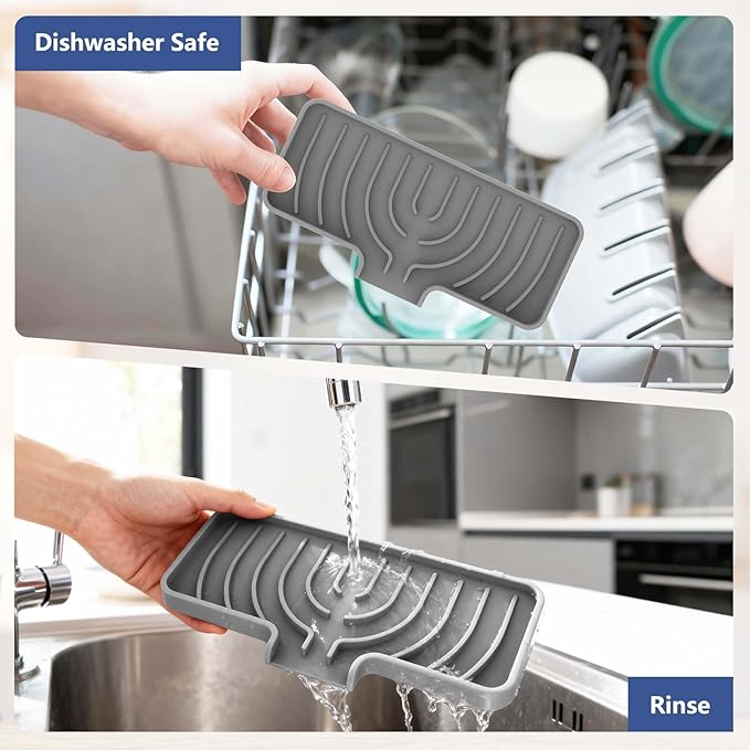 Silicone Sponge Holder for Kitchen Sink With Drain Spout, Self Draining, Kitchen Soap Tray, Bathroom Organizer, Sink Caddy, Perfect for Dispenser, Scrubber, Bottle, Cup on Counter-Grey 10"×4"