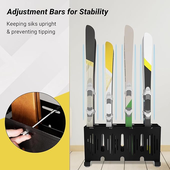 8-Pair Ski Storage Rack w/Width-Adjustable Fixing Bars, Heavy Duty Metal Freestanding Ski Rack - Ideal Organizer for Garage, Home and Store, 26" L ×18.1" W ×13.6" H