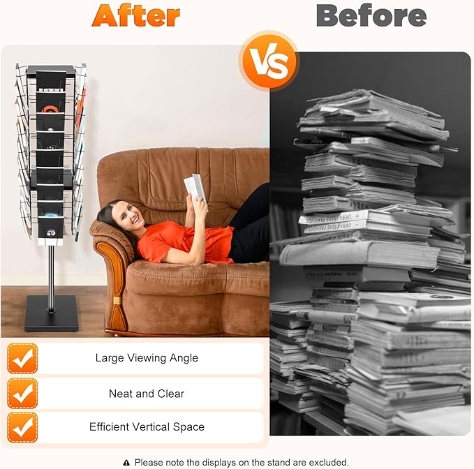 36-Pocket Rotating Magazine Rack, 360° Floor Brochure Display Stand with 132lbs Capacity, Black Modern Spinner Organizer for Retail, Office, Exhibition, Home