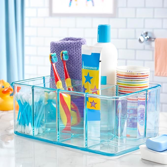 STORi 5-Compartment Plastic Organizer, Ocean Mist, Rectangular Divided Makeup and Vanity Storage Bin and Office Desk Caddy, Scalloped Wall Design, Made in USA