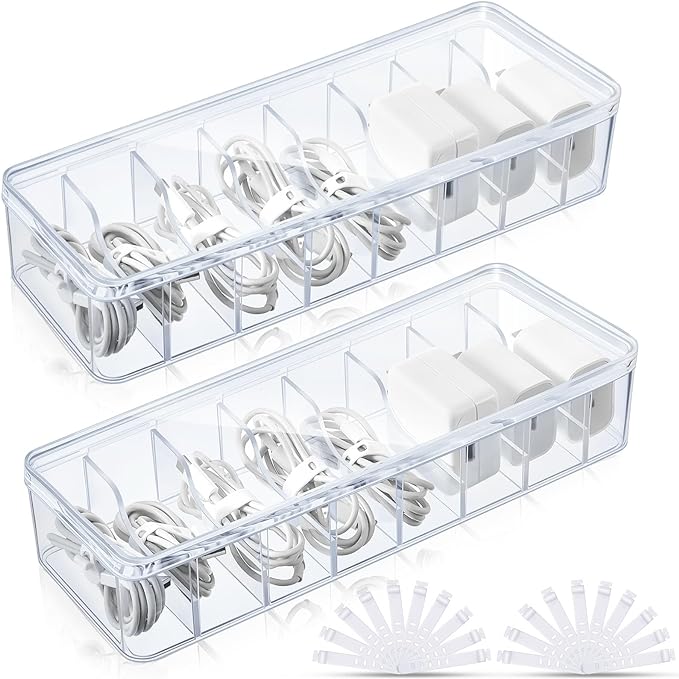 Tatuo 2 Pcs Cable Organizer Box with Wire Ties, Plastic Cord Storage Box with Lid, Electronics Organizer for Home Office Desk Organizers and Accessories (Clear)