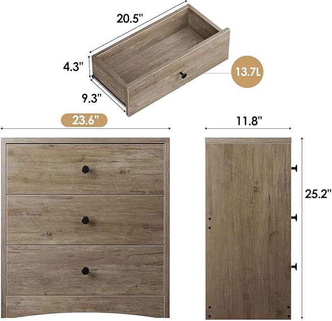 Nightstand, Bedside Tables, Farmhouse Wood Night Stand with 3 Storage Drawers, Small Wooden Dresser Chest of Drawers Bedside Cabinet for Bedroom Small Spaces, Gray