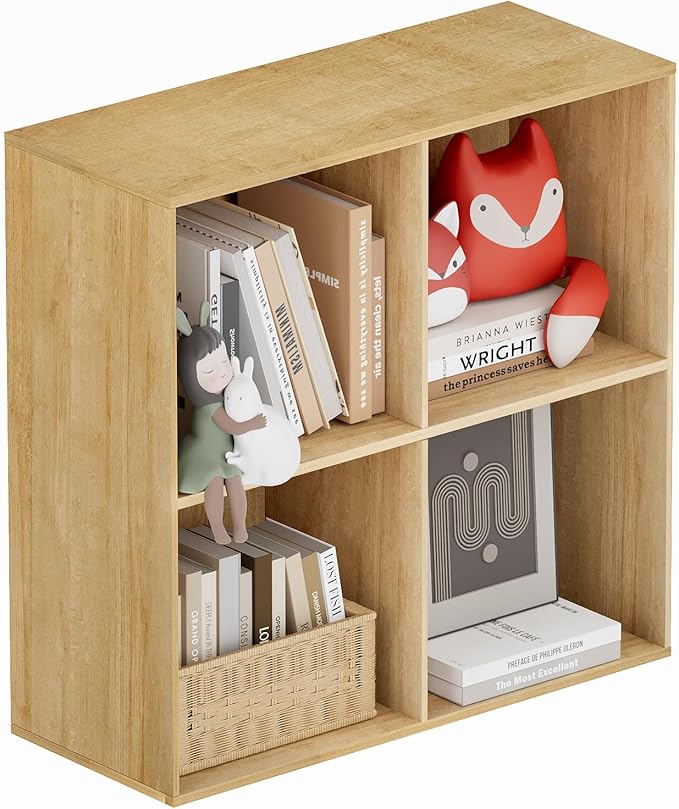 Book Shelf, Wooden Cube Storage Organizer with 11" Open Cubes, Stackable Modular Bookcase for Room Divider Storage, 2 Tier Bookshelf for Living Room, Bedroom, Office (Oak, 4-Cube)