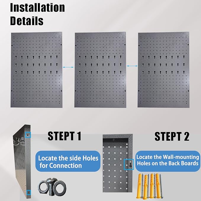 JZD 115 PCS Metal Pegboard Wall Organizer 3 Packs Metal Pegboard Kit 66x24 Inch Pegboard Panels Tool Organizer Kit with Accessories Hooks for Garage, Tool Storage,Craft Room