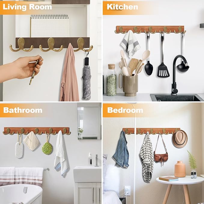 10 Pack Coat Hooks Wall Hooks for Hanging, Heavy Duty Double Prong Metal Hook Wall Mounted for Living Room, Bathroom, Kitchen, Bedroom for Coat, Bag, Scarf, Towel, Hat, Key, Cup (Bronze)