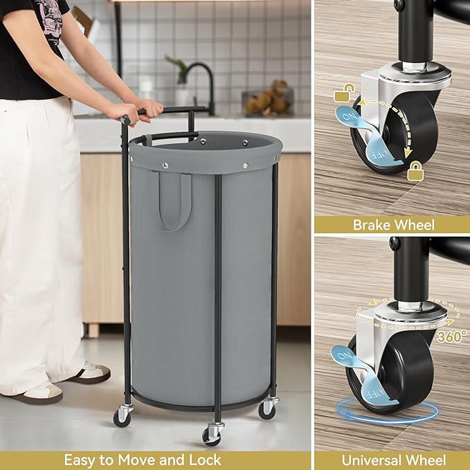 Chrislley 110L Laundry Hamper with Wheels,Rolling Laundry Basket with Removable Bag,Round Iron Laundry Cart with Steel Frame and Handle,Dirty Clothes Hamper Organizer for Dorm,Laundry Room(Grey)