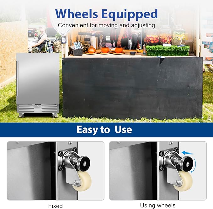 Outdoor Refrigerator 24 Inch, Undercounter Beverage Fridge with Wheels, 180 Cans Waterproof Stainless Steel Fridge for Outdoor Kitchen and Patio