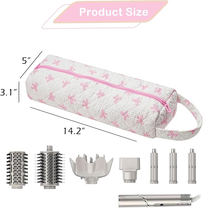 Quilted Hair Tools Travel Bag，Hair Styling Accessories Storage Case for Shark FlexStyle, Dyson Airwrap Hair Dryer, Curling Iron, Revlon Hair Tools，Portable and foldable(01Pink Bow)