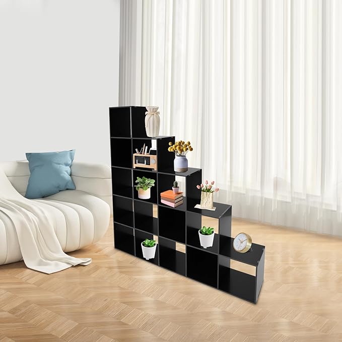15 Cube Storage Organizer with 154 lbs Capacity, Bookcase for Study Room Bedroom Living Room, Black Ladder Cube Storage Unit for Books Toys Decor, L-Shaped Corner Bookcase Shelf