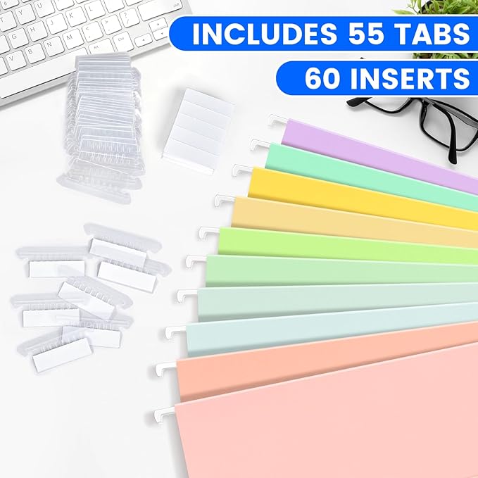 50-Pack Pastel Hanging File Folders, Letter Size with 55 Transparent Label Cards, 60 Sticker Labels,1/5-Cut Tabs–Home Office & Filing Cabinets