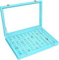 Velvet Ring Display Tray Organizer Box with Transparent Lid, 100 Slot Ring Holder Showcase For Store Display Jewelry Show Home, Ring Organizer For Rings Earrings (Light Blue)