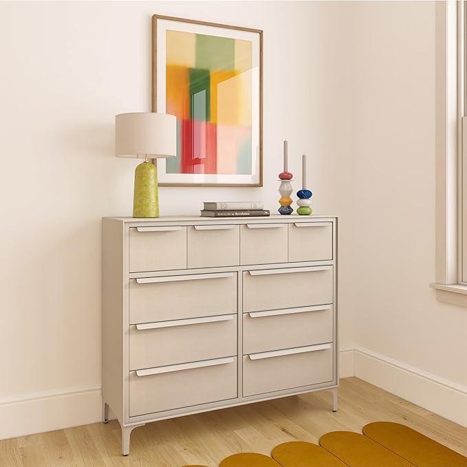 Naima Premium Fabric Dresser - Strong Metal Frame, 10 Spacious Sag-Proof Drawers with Sleek Metal Handles - Premium & Durable Storage Solution for Your Home (Beige)