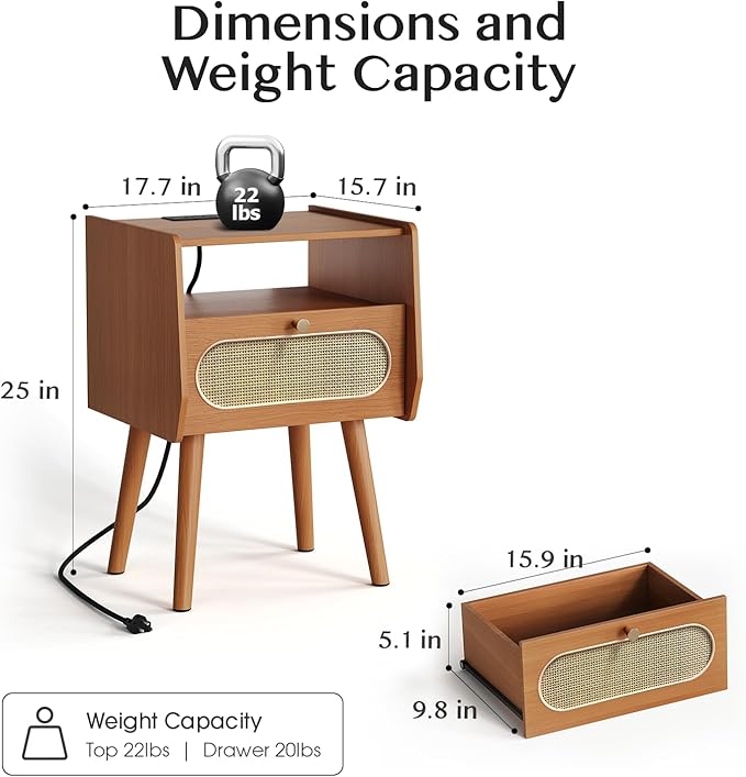 Night Stand Set 2, Mid Century Modern Nightstands, Rattan Bedside Table with Charging Station, Boho End Table with Drawer Storage, Solid Wood Legs Bed Side Tables for Bedroom, Cherry
