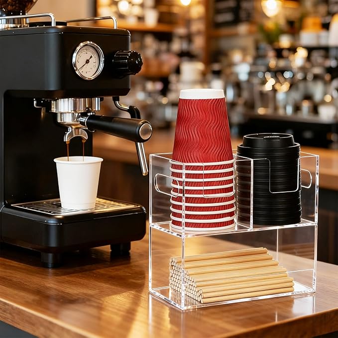 MYITYARD Coffee Cup Holder for Countertop, 2-Tier Clear Acrylic Cup Dispenser, Coffee Bar Accessories Organizer, Paper Cup and Lid Holder with Straw Organizer for Office, Home (3 Compartment)