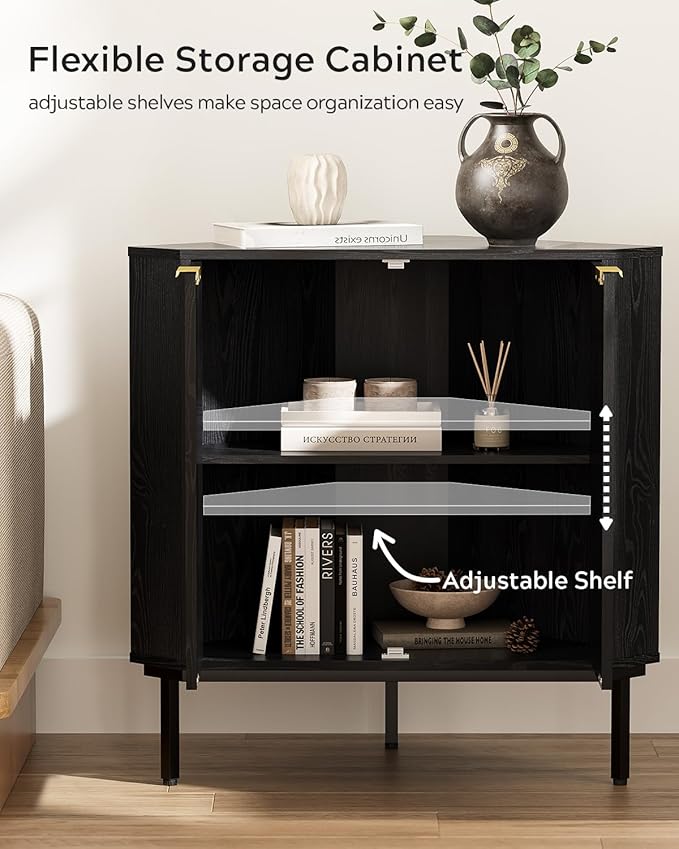Fluted Corner Cabinet, Modern Small Corner Floor Cabinet with 2 Doors and 2-Tier Shelves, Freestanding Narrow Organizer for Living Room Kitchen Bathroom, Black