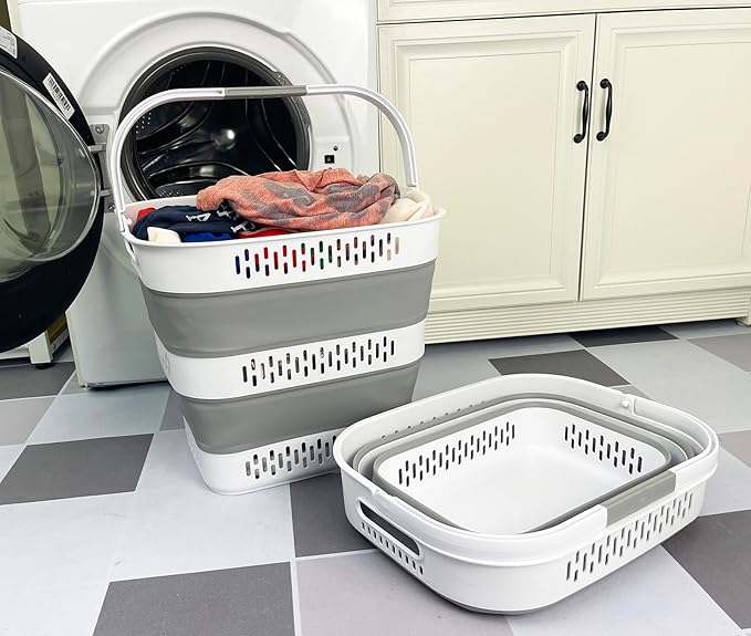 SAMMART 40L (10.5 Gallon) Collapsible Plastic Laundry Basket with Handles - Foldable Pop Up Storage Container/Organizer - Portable Laundry Hamper - Space Saving (2, White/Grey)