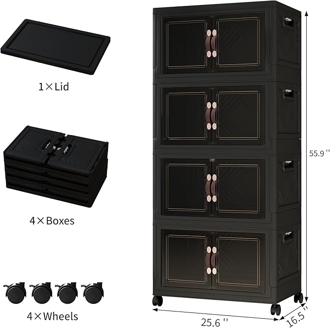 Storage Bins with Lids and Wheels, Collapsible Bathroom Storage Cabinet with Clear Doors, Plastic Stackable Closet Organizers and Storage Containers Black 398 QT