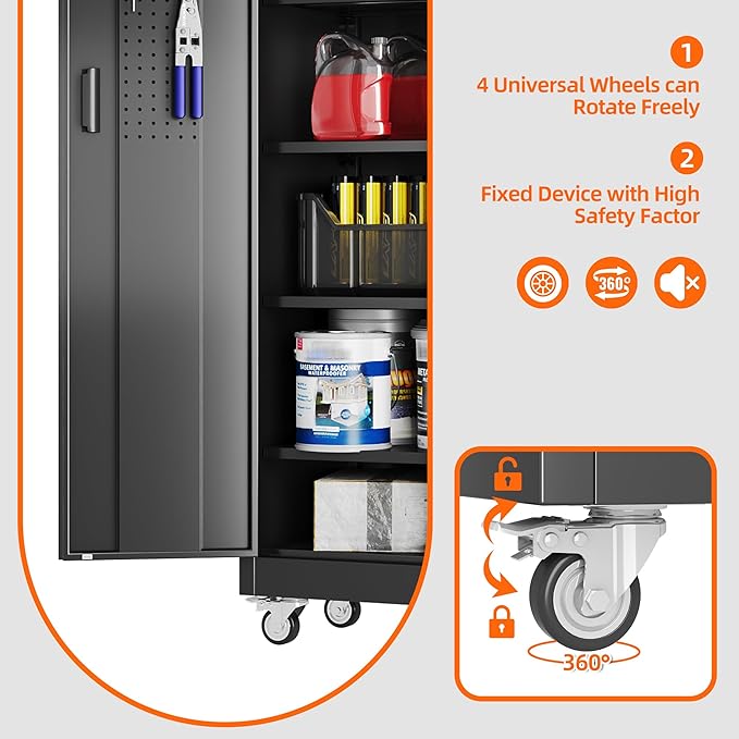 Aobabo 71" H×32" W×16" D Metal Storage Cabinet with Wheels, Garage Steel Storage Cabinet with 5 Adjustable Shelves and 4 Hooks for Home Office, Kitchen, Assembly Required, Black