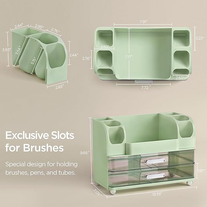 HBlife Makeup Organizer for Vanity with Brush Holder, Large Bathroom Countertop Cosmetic Organizer Skin Care Storage, Easy to Store Lipsticks, Nail Polishes, Perfumes, Eyeshadow Palettes, Green
