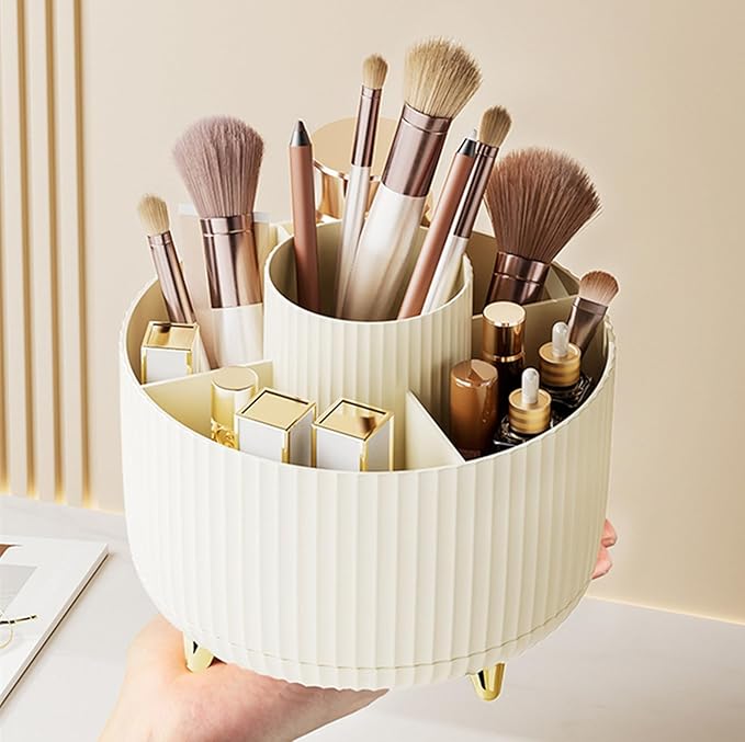 360 Degree Rotating Makeup Brush Holder Organizer Detachable Design 5 Slot Make up Brushes Cup for Cosmetics and Pencil Pen Organizer for Desk Makeup Organizer Skincare Storage for Vanity（Cream）