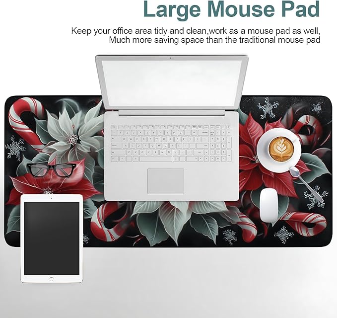 Christmas Flowers Gaming Mouse Pad 35.4"x15.7"Desk Mat Anti-Slip Rubber Base & Durable Stitched Edges for Gamers Smooth Mouse Writing Surface for Desk Office/Home
