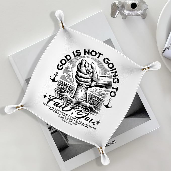 Christian Gifts Leather Jewelry Valet Tray, Religious Bible Verse Gifts PU Leather Catchall Beside Caddy Nightstand Organizer Tray for Jewelry Rings Watches Keys and Accessories, 7.8x7.8inch