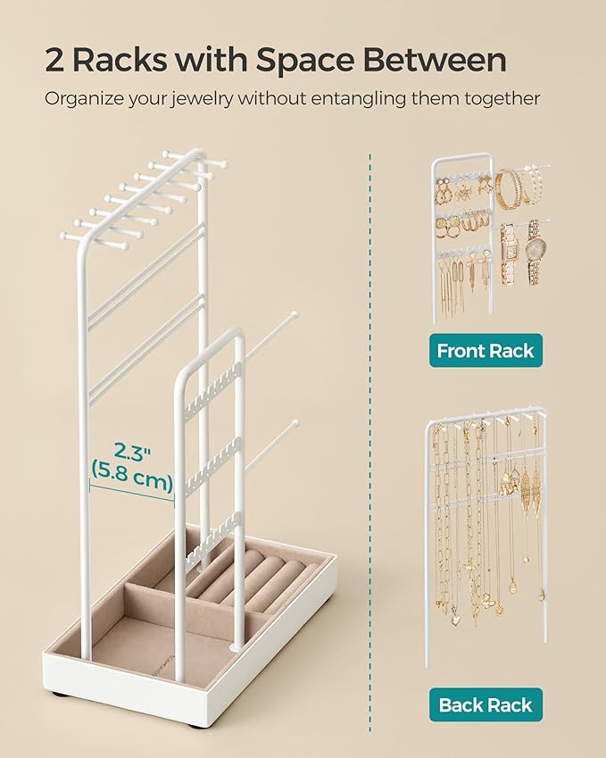SONGMICS Jewelry Holder, Jewelry Organizer, Jewelry Display Stand with Metal Frame, Velvet Tray, Necklace Earring Bracelet Holder, for Studs, Rings, Christmas Gift, Matte White UJJS021W01