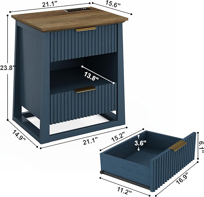 HIFYOBRO Fluted Nightstands Set of 2 with Charging Station & Motion Sensor Light, Modern Bedside Tables with 2 Drawers and Storage Shelf for Bedroom, Blue