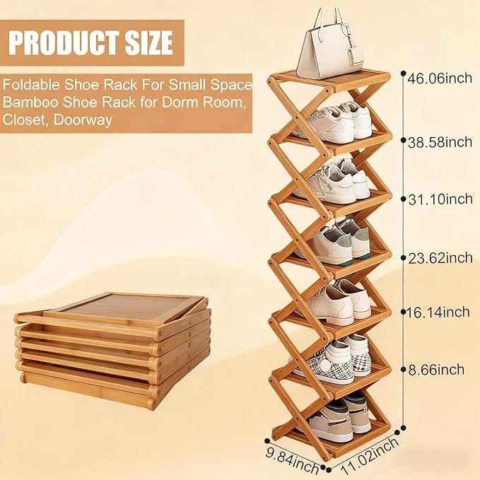 YYW Flat Bamboo Shoe Rack for Entryway, Installation-Free and Folding Vertical Small Shoe Rack, Saves Space Narrow Shoe Racks for Doorway Closet
