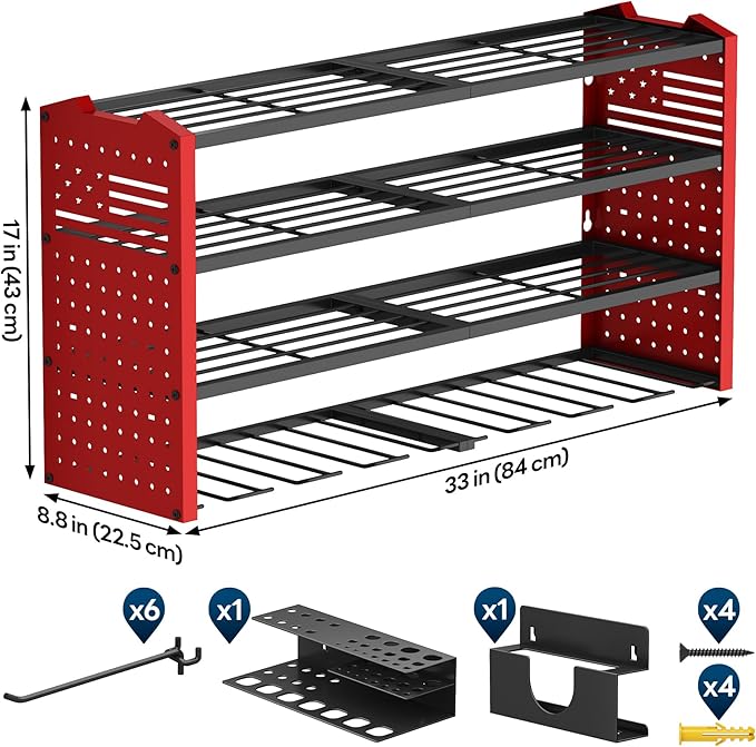 Tomorotec 4-Layer Wall-Mounted Power Tool Storage Rack, Heavy-Duty Steel Drill Organizer with Adjustable Shelves & Side Hooks for Toolbox, Easy Installation Garage & Workshop Storage (Red)
