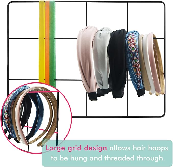 Adhesive Claw Clip Holder - Metal Grid Construction Wall Hanging Display Organizer for Pins Hairbands Headbands Hair Accessories Hanger for Women Girls Closet Vanity Room Bedside Storage (1, Black)