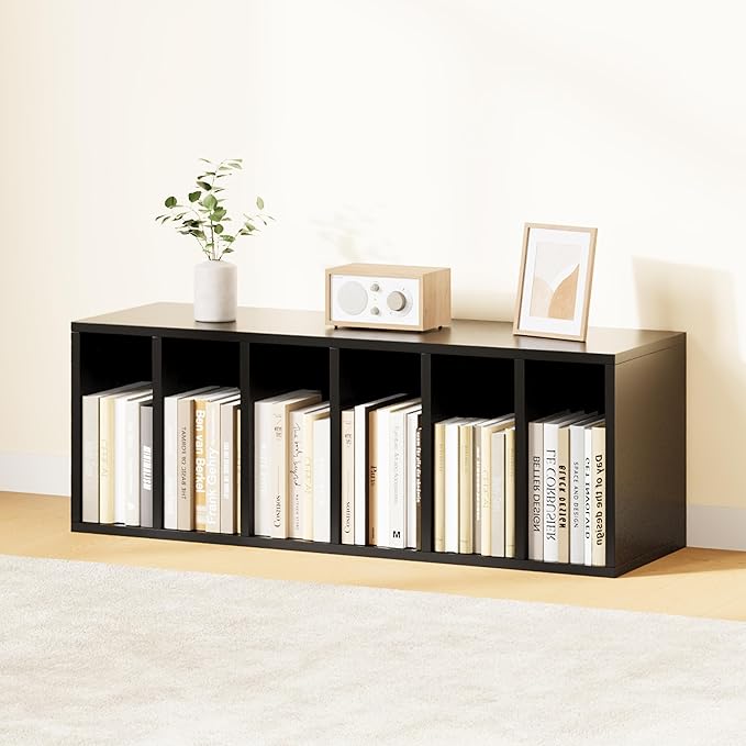 IOTXY DIY Modular Cube Bookcase - CubeXY Customizable Stackable Expandable Basic Shelving Units, 6-Cube Wooden Open Bookshelf with Removable Shelves for Books Organizer, Black