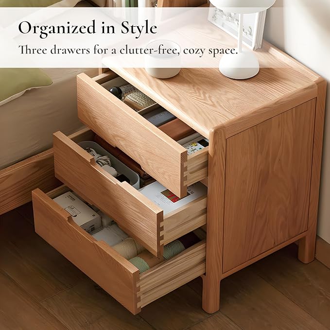 Nightstand, Solid Wood Small End Table w/3 Drawers, Modern Bedside Tables, Mid Century Night Stand, Bed Side Table, 15.75" W x 13.78" D x 21.65" H (Natural)