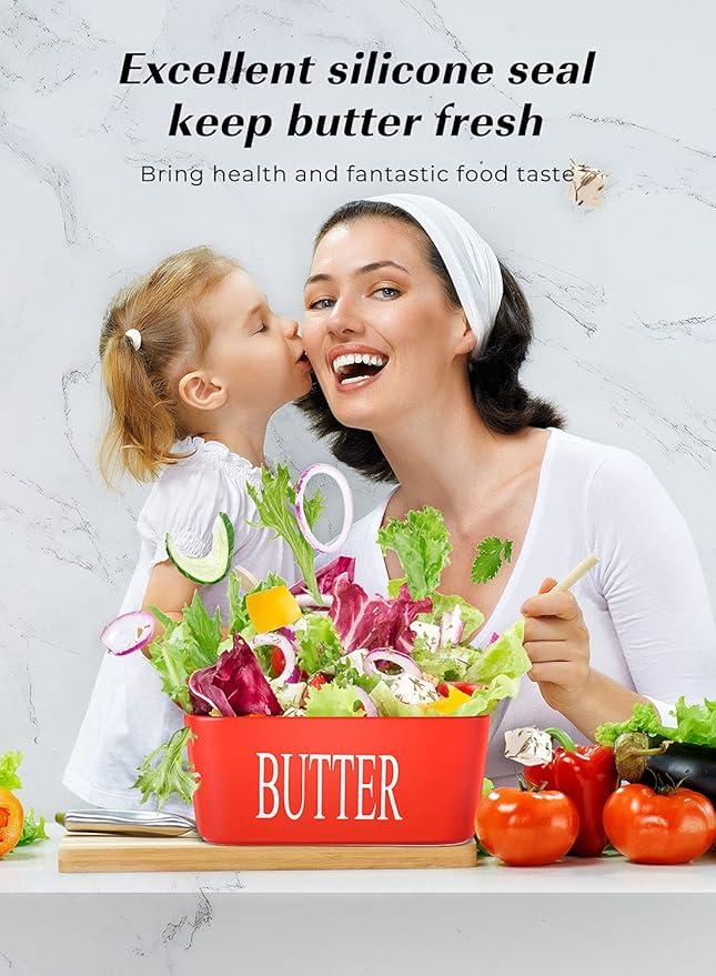 Butter Dish with Lid: Large Butter Container for Countertop - Ceramic Butter Holder for Counter - Butter Tray Butter Keeper with Knife and Sponge Scrubber - Perfect for 2 Sticks of Butter Red