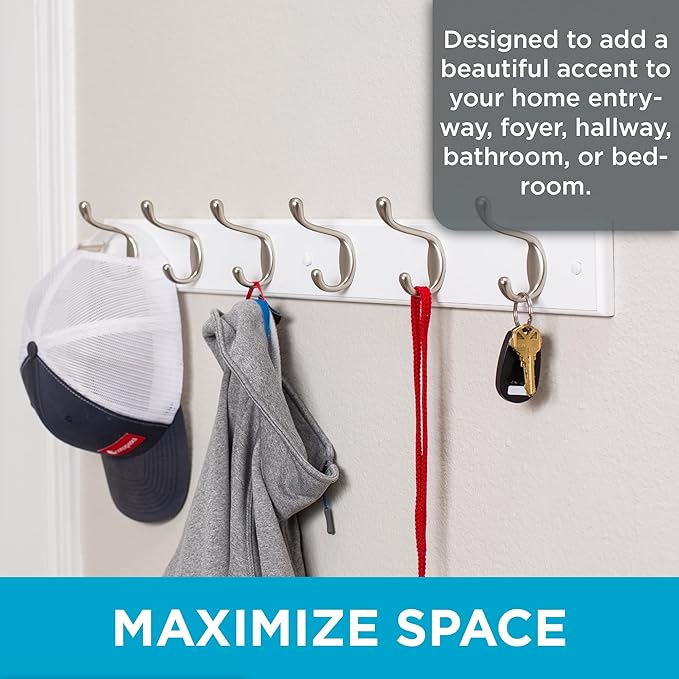 BIRDROCK HOME Oval Hook Coat and Hat Rack | 6 Hooks | 2 Pack | White Finish | Wall Mount | Satin Nickel Hooks