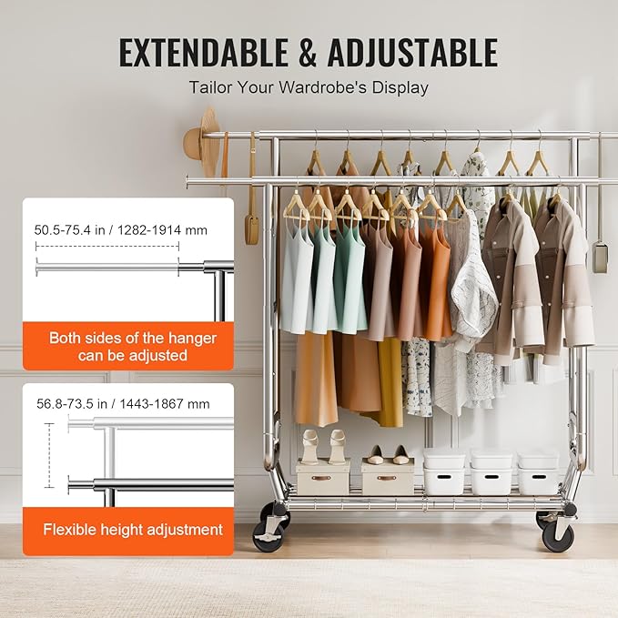 VEVOR Clothes Rack, Rolling Clothing Garment Rack, Extendable Carbon Steel Clothing Racks with Wheels for Bedroom, Laundry, Living Room