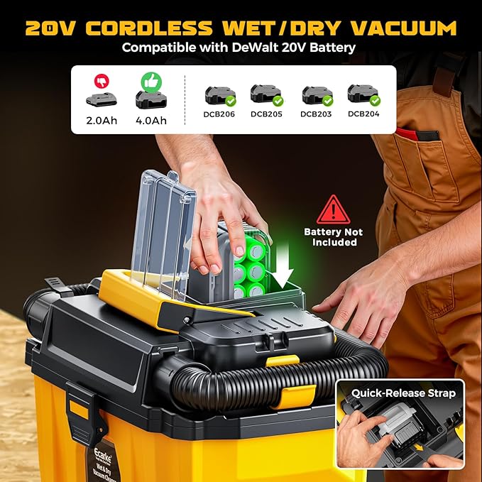 Ecarke 2.5 Gal Cordless Wet Dry Vacuum Compatible with DeWalt 20V Battery, 3-in-1 Shop Vac with Washable HEPA & Brushless Motor, 15KPa Suction, 4 Attachments for Garage Car Workshop (Tool Only)
