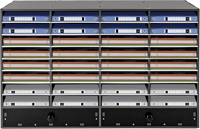 Literature Organizer 32 Slots Office Mailbox Cubbies PVC Desk Mail Sorter Organizer with Adjustable Panels & 2 Drawers for Office, Home, Classroom, Mailrooms, Bearing 110lbs (Black)