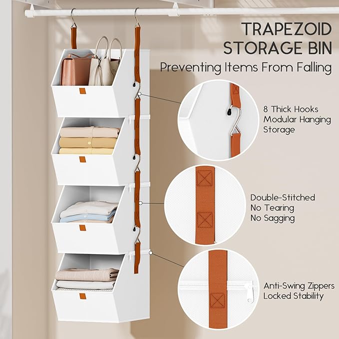 Hanging Closet Organizer 4 Tier - Clothes Hanging Shelves, Space-Saving Closet System, Fabric Storage Bins Bedroom Organization, Collapsible Baskets for Home, Dorm, Rv, White, 2 Pack