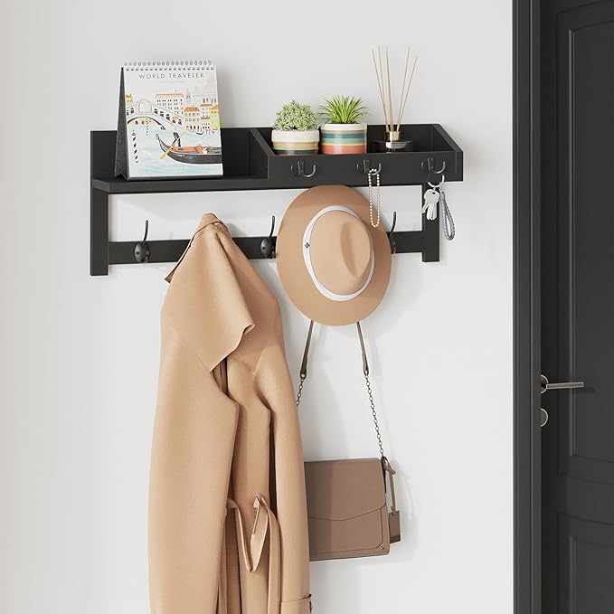 AMBIRD Wall Hooks with Shelf - 26.57" Entryway Wall Hanging Shelf Wood Coat Hooks and Key Holder (Black)