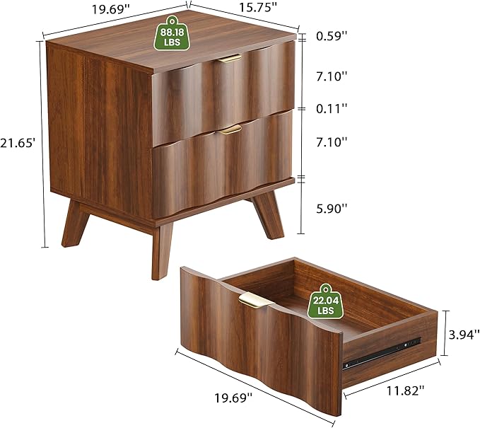 Nightstand, Bedside Table with 2 Drawers and Metal Handles, Sofa Side End Table with Storage for Bedroom, Living Room, Entryway (Walnut)