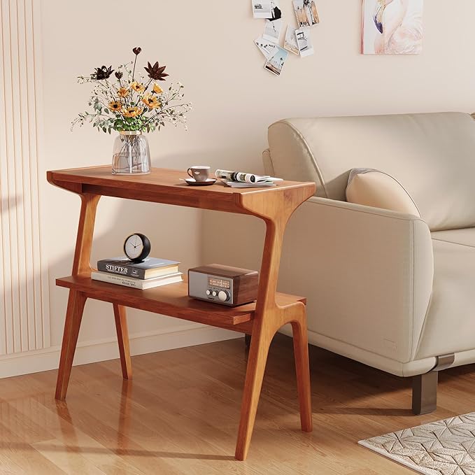 Solid Wood End Table, 2-Tier Side Table with Storage Shelf, Wooden Modern Accent Slim Bedside Table for Sofa, Living Room, Bedroom, Small Space, Easy Assembly, Cherry