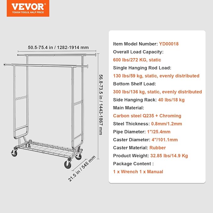 VEVOR Clothes Rack, Rolling Clothing Garment Rack, Extendable Carbon Steel Clothing Racks with Wheels for Bedroom, Laundry, Living Room